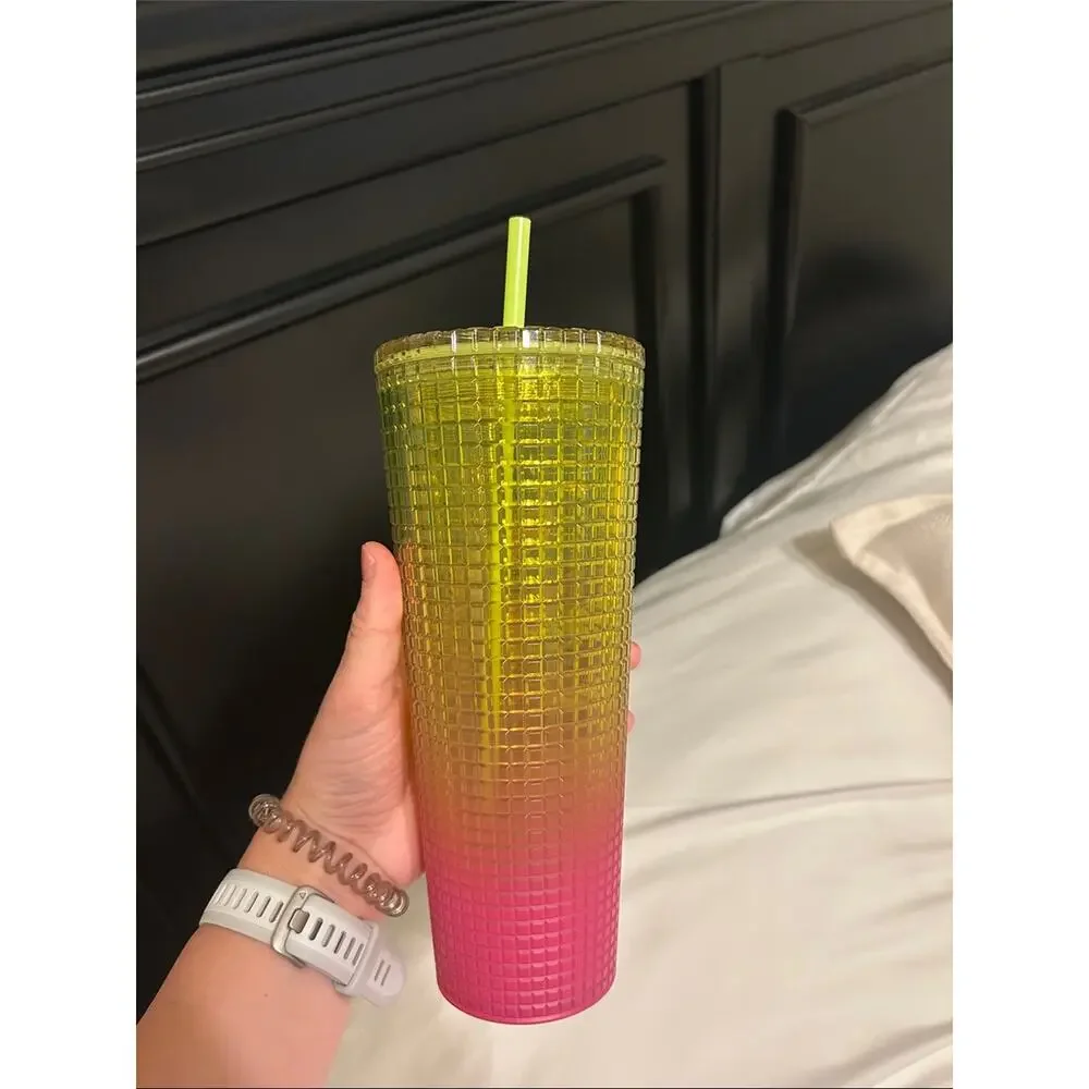 Starbucks Yellow to Pink Ombre Grid Tumbler with Lime Straw